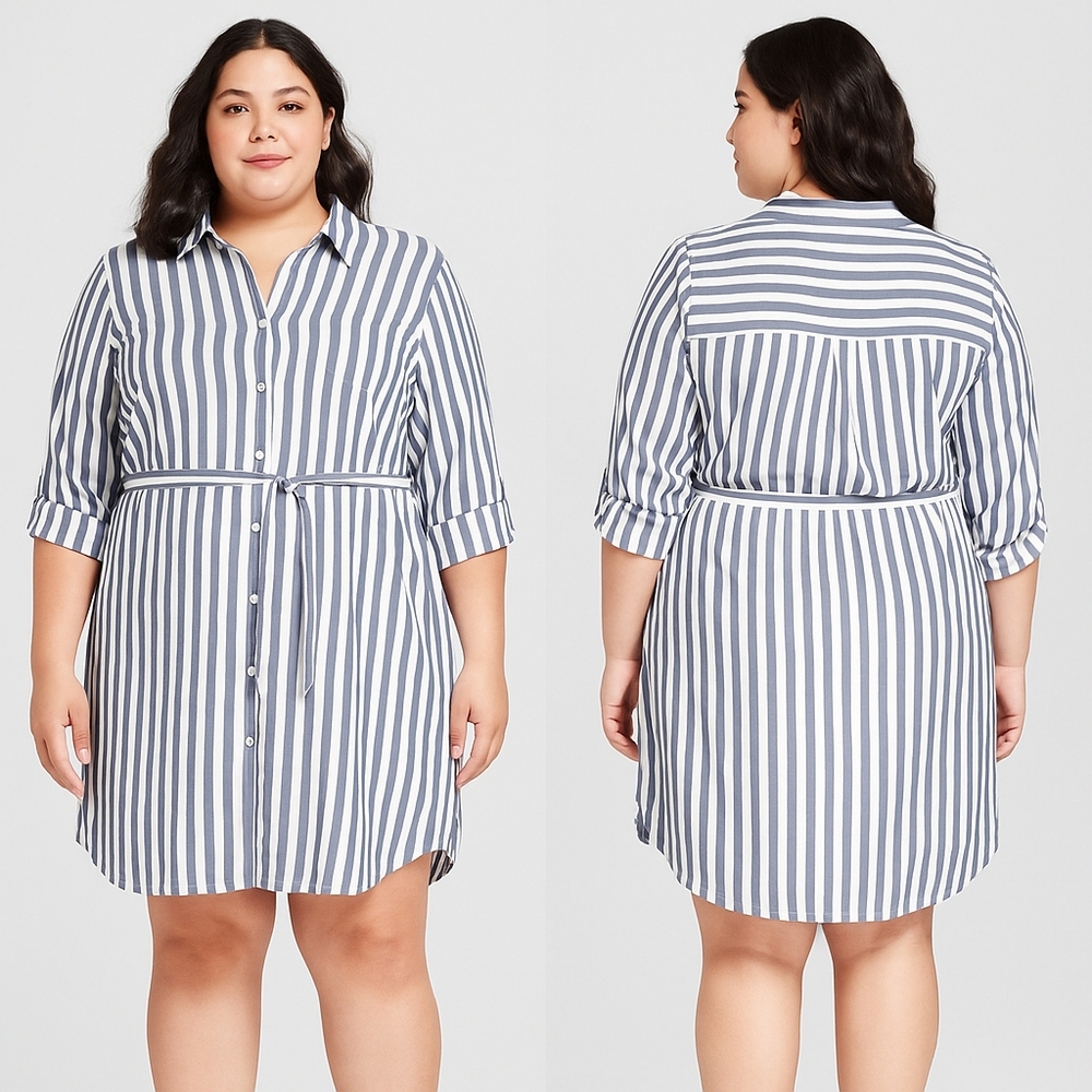 Ava & Viv Blue & White Striped Belted Shirt Dress – Size 1X